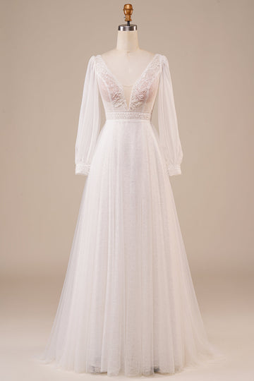 A-Line Tul Beaded Ivory Vestido de novia con mangas